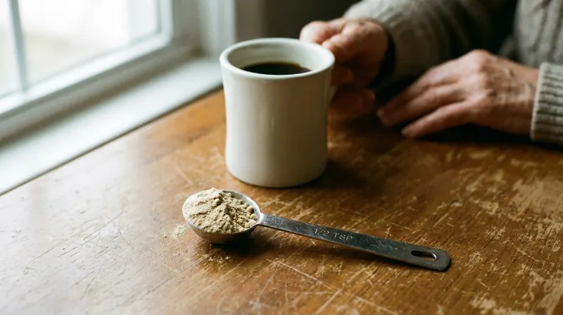 A small heap of pale beige powder on a half-teaspoon measuring spoon on a wooden table