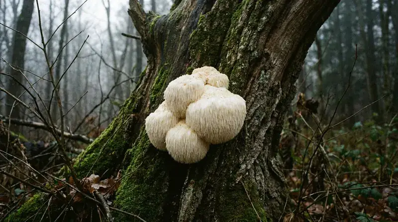 A white lion's mane mushroom with long hanging spines growing on the trunk of an old hardwood tree