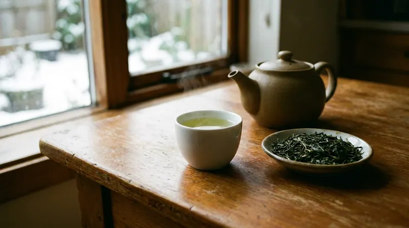 A small cup of pale green tea beside a dish of loose green tea leaves on a wooden table