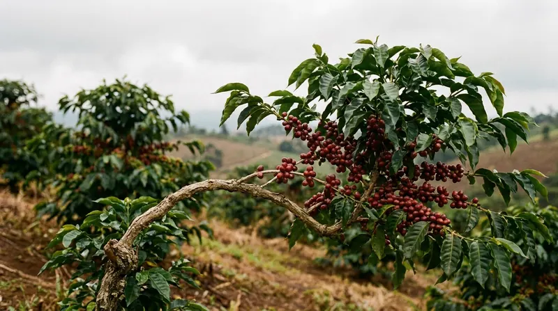 A branch of a coffee shrub with clusters of ripe red coffee cherries and glossy leaves