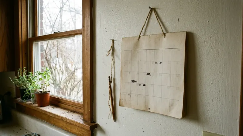 A plain paper wall calendar beside a kitchen window with a pencil hanging from a string