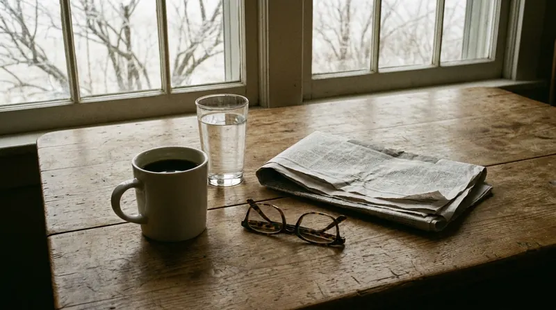 A kitchen table with a mug of coffee, a glass of water, a folded newspaper and reading glasses