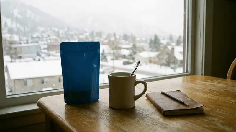A kitchen table with a standing pouch, an empty mug with a spoon in it and a closed notebook with a pencil
