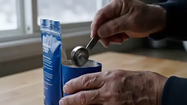 A man's hands leveling a small measuring spoon of pale powder over an open pouch on a kitchen counter